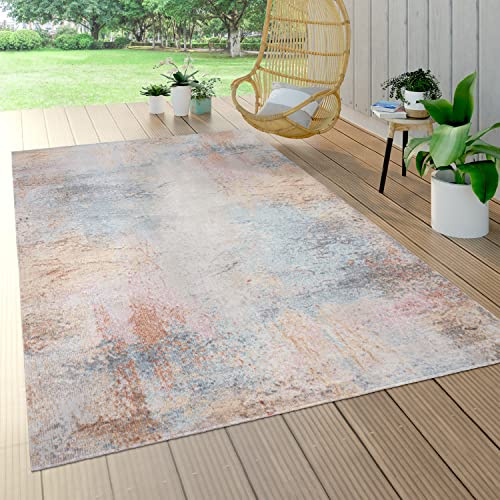 Paco Home In- & Outdoor-Teppich Für Balkon Terrasse, Kurzflor Mit Used-Optik In Bunt, Grösse:Ø 200 cm Rund