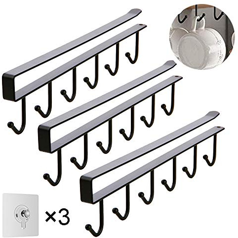 CRITIVE-SHOP 3 Stück Tassenhalter 6 Haken, Tassenregal Küche Tassenständer, Tassen Organizer Schrank, Tassenhalter Schrank Mit 3 Selbstklebenden Schrauben Für Kleine Gegenstände Hängeorganizer