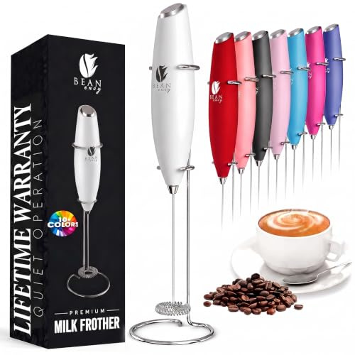 Bean Envy Milk Frother Handheld for Coffee - Electric Hand Blender, Mini Drink Mixer Whisk & Coffee Foamer Wand with Stand for Lattes, Cappuccino, Matcha and Hot Chocolate - Kitchen Gifts - White | Battery Operated, Stainless Steel Whisk, 19000 RPM, Protein Powder Blender, Electric Stirrer, Mini Foamer