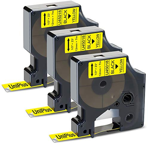 UniPlus 3 Pack Kompatibles D1 12mm Etikettenband für D1 45018 S0720580 für LabelManager 160 200 210D 280 360D 420P 500TS PnP LabelWriter 400 450 Duo LabelPoint 250 12 mm x 7m Schwarz auf Gelb