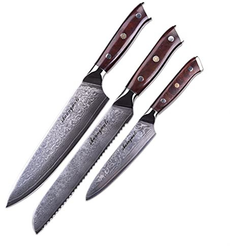 Couteau de cuisine Set VG10 Damascus Steel Professional 3PCS Kit Kit Chef Couteaux Pain utilitaire Couteaux de cuisson Outil avec poignée en bois Couteau de Chef (Color : Brown)