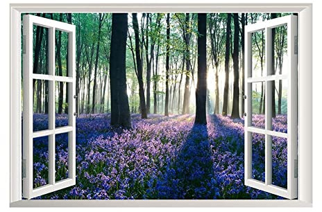 Lichi Adesivo da parete 3D finto per finestra, realistico campo di fiori boschivi, foto di natura, poster murale autoadesivo, decorazione rimovibile per camera da letto, bagno e soggiorno, stacca e