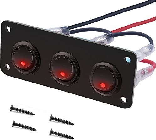 RUNCCI-YUN 12V/24V Schalter Panel,3 Gang ，Auto Kippschalter Panel, SPST 3 Polig 2 Position Runden Wippschalter Kippschalter Panel mit Rot LED Licht für RV, Auto, Yacht, Marine (12-24V)