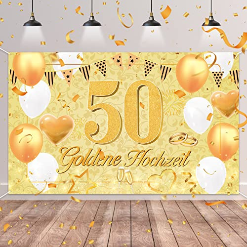 50.Goldenen Hochzeit Banner,BTZO Goldene Hochzeit Deko Stoff Banner für 50 Jubiläum Hochzeitstag Dekoration Tisch Garten Mauer Innen Außen Hintergrund Deko,180 x 110cm