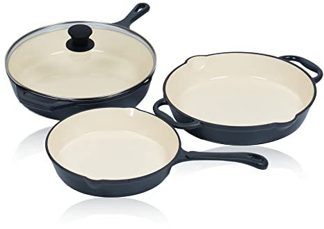 Repas Set de poêles à frire 3 pièces | Ø 24 cm, Ø 29,5 cm, Ø 29 cm | Avec poêles à griller en fonte émaillée | Poêle en fonte | Poêle universelle (Myrtille)