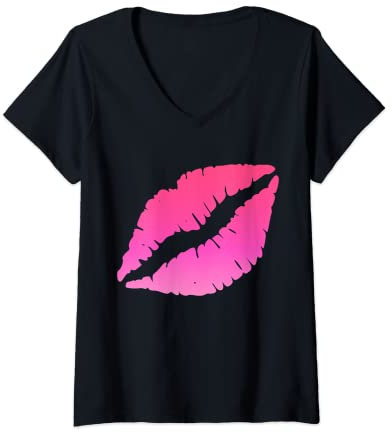 Damen Hot Pink Lips Lippenstift Kiss 80er Jahre Kostüm Retro Band T-Shirt T-Shirt mit V-Ausschnitt