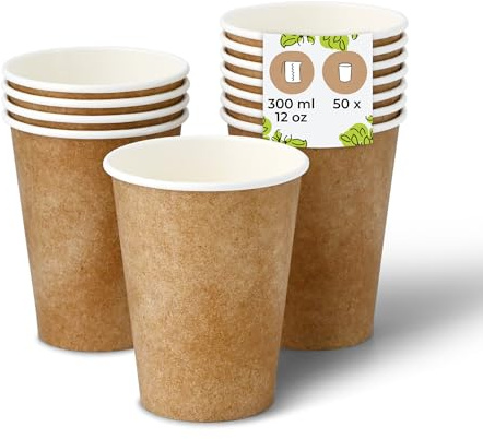 BIOZOYG 50 Stück Kaffeebecher Pappbecher 300ml / 12 oz Ø 90 mm weiß mit braunem Druck - Einwegbecher plastikfrei - Becher aus nachhaltiger Forstwirtschaft - Kaffeebecher Einweg