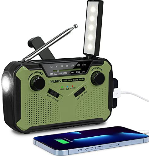 PRUNUS J-369 Radio Portatile Emergenza FM/AM, Radiolina a Manovella Dinamo, Radio Solare Piccola con Batteria Ricaricabile da 3000 mAh, Radio a Pile con Allarme SOS e Torci (Verde)