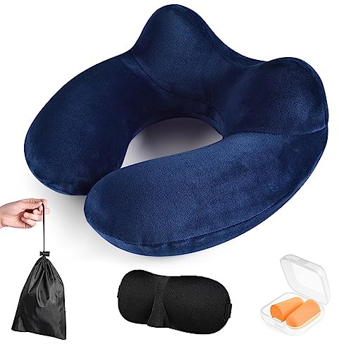 Nackenkissen Reisekissen,Nackenkissen Flugzeug mit 3D Schlafmaske & Ohrstöpsel,Nackenkissen Aufblasbar,Nackenhörnchen Erwachsene,Travel Pillow,Reisekissen aufblasbar für Reisen,Flugzeug,Zug,Auto(Blau)