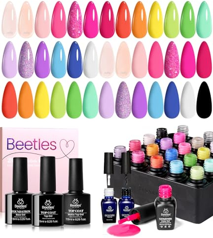 Beetles Gel Polish Set 20 Farben Gel Nagellack mit 3 Überlack Unterlack Glanz und Matt Gelnagel Jelly Nude Blau Grün Weiß Glitter Violett Rosa UV Nagellack Kunstnägel Geschenke für Frauen