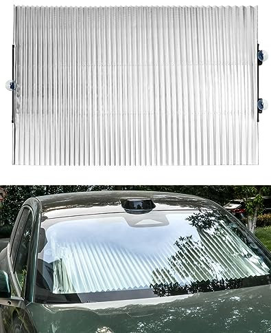 QWORK® Akkordeon Sonnenschutz für Auto Windschutzscheibe, Mit Automatische Einziehbare Funktion und Vakuum Saugern, Sonnenschutzdämmungs, 80cm