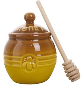 YORROR Keramik-Honigtopf mit Deckel und Holzlöffel, 300 ml, Porzellan-Honigglas für Sirup, Marmelade, Gelee, Zuhause, Küche, Aufbewahrung (Gelb-1)