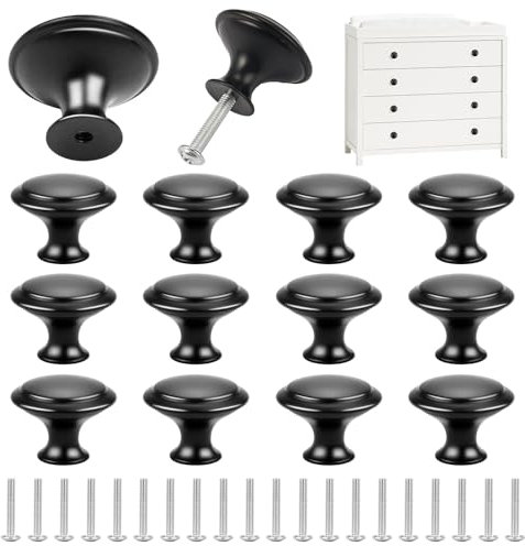HIKPACKER 12 Stück Möbelknöpfe Schrankknöpfe Schwarz 30mm Edelstahl Runde Schubladengriffe Kommodenknöpfe mit Schrauben Knauf für Schrank, für Schublade, Küche, Badezimmer, Kleiderschrank, Kommode