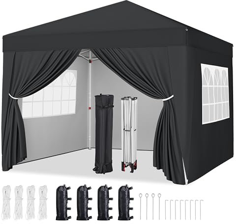 Yaheetech Pop-Up Gazebo 3x3 with 4 Removable Side Panels, Silver-costed Oxford Marquee Canopy with Wheeled Bag & Sandbags, Metal Frame Shelter Tent for Outdoor Garden Party Camping, Black