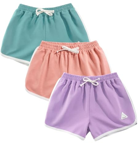 Rolanko Girls Sports Shorts, Cotton Summer Contrast Binding Dolphin Short Pants, Kids Athletic Gym Wear for Running and Dancing, 3 Packs
