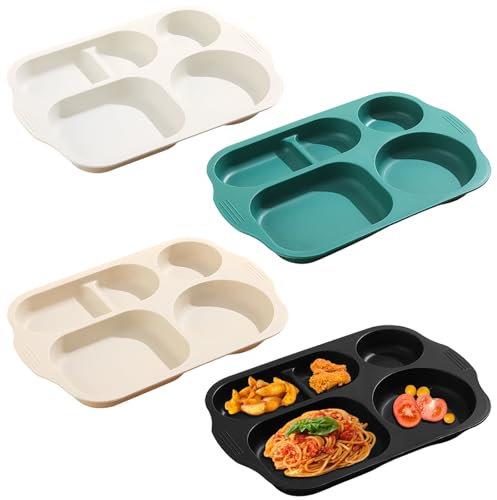 NOZVYCI Set of 4 Divided Dinner Plates with 5 Compartments, Unbreakable Children's Plates, Plastic Plate, Menu Plate, Divided, Reusable Dinner Service, Plastic Plates for Adults, Children [Dark