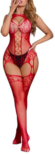 Buitifo Donna Lingerie Mesh Body Outfits Calze sexy Bodysuit Rave(rosso xdd,Taglia unica)