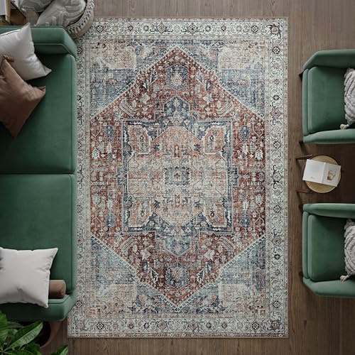 artyrugs Machine Washable Rug, 200x290cm, 75% Recycled Cotton, Short Pile, Non-Slip Backing, Non-Shedding, Suitable for Bedroom, Kitchen, Hallway, Office, Large, Crimson Red & Navy