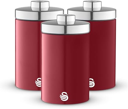 Swan Townhouse Set of 3 Storage Canisters, Stainless Steel, Airtight Lids, Colour Coated Iron and Chrome Accents, 1.6L, Red