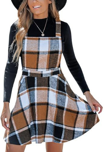 CUPSHE Damen Latzrock Quadratischer Ausschnitt Karomuster A Linie Latzkleid Overallkleid Freizeitkleider Plaid Mini Dress Khaki Kariert XL