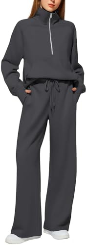 HOOUDO Womens Two Piece Full Set Tracksuit Long Sleeve Oversized Half Zip Sweatshirt Pullover Drawstrings Wide Leg Trousers Sweatpants Outfits Ladies Gym Sports Casual Activewear Lounge Sets
