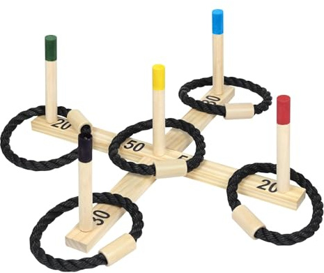 XMTECH Holz Ringwurfspiel mit 5 Spielstäben und 5 Ringen, Outdoor und Indoor Geschicklichkeitsspiel für Kinder und Erwachsene, Spaß für Garten und Freizeit