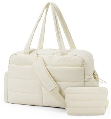 bagsmart Reisetasche Sporttasche Damen, 31L Wasserabweisend Puffer Wickeltasche Handgepäck Tasche Weekender Bag Gesteppt mit Kosmetiktasche, Kliniktasche Geburt für Gym, Fitness, Arbeit, Beige
