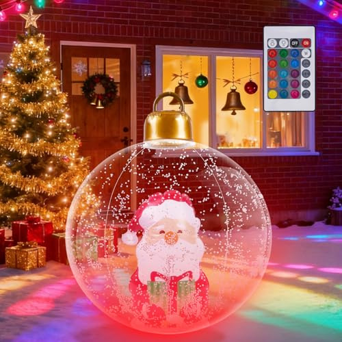 Aufblasbare Weihnachtskugel - 60CM Groß Weihnachtskugeln Outdoor, Beleuchteter Aufblasbarer Weihnachtsball mit Luftpumpe, Weihnachtsdekoration für den Außenbereich für Hof Garten (Weihnachtsmann)