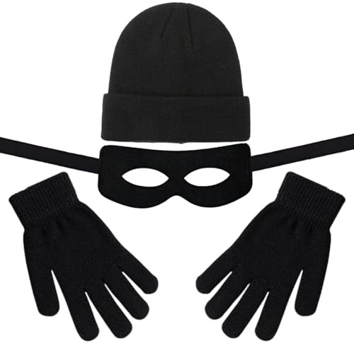 Dieb Kostüm Set, Räuber Kostümset, Inkl. Beanie Strickmütze Augenmaske Handschuhe, Einbrecher Verkleidung Zubehör für Erwachsene zu Karneval Fasching Halloween Cosplay Party