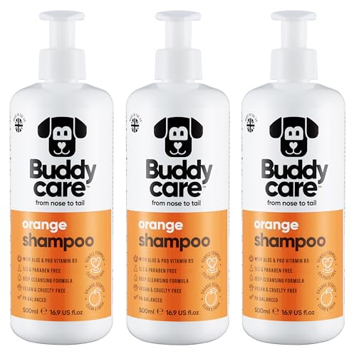 Orange hundschampo från Buddycare | Djuprengörande schampo för hundar | Orange doftande | Med Aloe Vera och Pro Vitamin B5 (500 ml x 3)