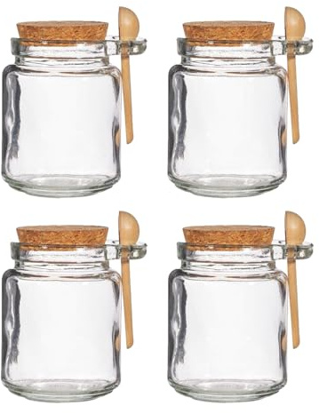 Fyne-Finds Set of 4 Glass Jars Airtight Cork Top, Wooden Spoon 250ML, 0.25L MultiPurpose Storage Herb Spices Kitchen Gift