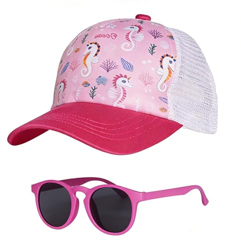 iNelihoo Casquette de baseball en maille pour enfants de 3 à 7 ans, garçons et filles, chapeau d'été avec visière pare-soleil réglable, casquette snapback imprimée, chapeau de camionneur, rose, taille