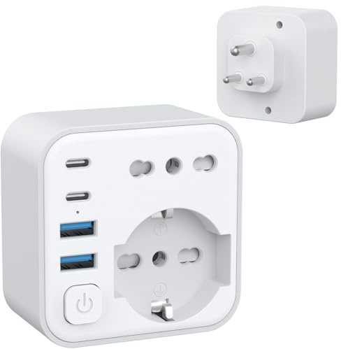 Aochxin Adattatore Presa India, 6 in 1 Adattatore India Italiano con 4 USB, per India, Nepal, Maldive, Pakistan, Bangladesh, Sri Lanka, Adattatore Prese India 3680W, Spina da Viaggio (Tipo D)