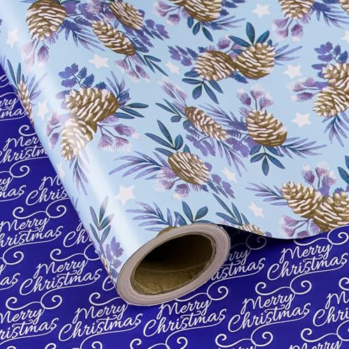 RUSPEPA Wende-Weihnachtsgeschenkpapier – Mini-Rolle – 43,2 cm x 10 m – Tannenzapfen- und Weihnachtsmotiv in Blau