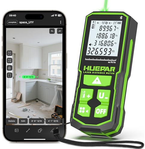 Huepar 330Ft Green Laser Measurement Tool with APP Control, Rechargeable Bluetooth Distance Meter ±1/16 High Accuracy, Angle Sensor, Multiple Modes, IP54 Waterproof Durable for Home & Construction