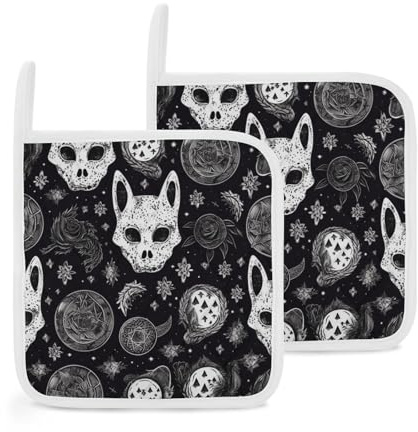 Lot de 2 maniques gothiques avec boucle antidérapante et motif tête de mort, chat, lune, gothique, résistant à la chaleur, pour cuisine, barbecue, four, 20,3 x 20,3 cm