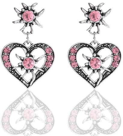LONZIKP Trachten Ohrringe Damen mit Edelweiß Herz Dirndl Schmuck Rosa für Oktoberfest Trachtenschmuck in Antik Silber