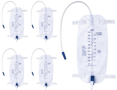 DOKIBI 1000ml Catheter Leg Bags, Urinary Drainage Bag for Men Women with Anti-Reflux Valve, 18” Tubing and Adjustable Cloth Straps, Easy Flip Drain (Pack of 5)
