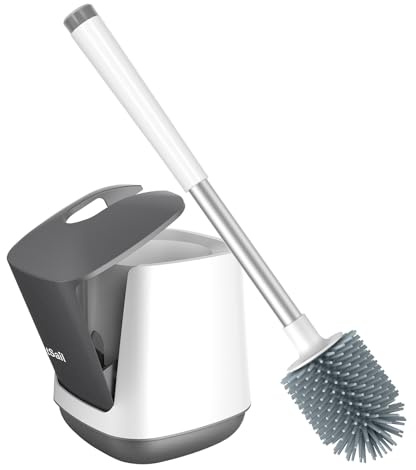 SetSail Escobilla de inodoro de silicona y soporte, cepillos de inodoro automáticos para baño con soporte, cepillo limpiador de inodoro ventilado para limpieza de inodoros, blanco y gris