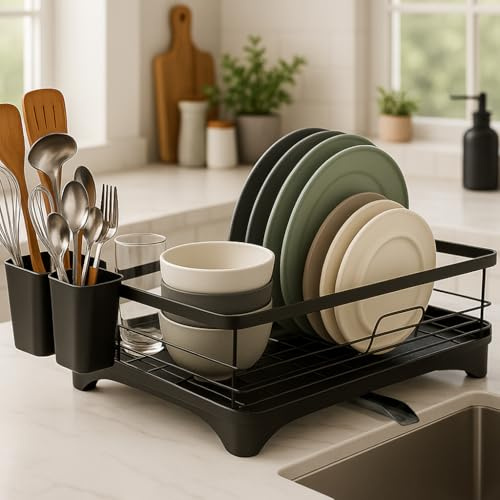 La Moustache - Escurreplatos de Acero | 40×30,5×12,5 cm | Drenaje Automático y Boca Giratoria | Escurridor de Platos con Soporte para Utensilios de Cocina, Fregadero y Encimera (Negro)
