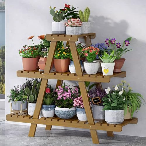 ASerZenith Pflanzenständer Aus Bambus Für Drinnen Und Draußen, 3-Stöckiges Pflanzenregal, Blumentopfhalter, Leiterregal Für Fensterbank, Garten, Balkon, Wohnzimmer, Terrasse, Natur
