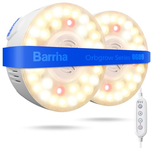 Barrina Orbgrow OG09 Puck LED Grow Lampe mit Timer, 660nm rote LEDs 18W(2x9W), Vollspektrum-Pflanzenlampen für Zimmerpflanzen, Magnetisch und Verbindbar, 5 Dimmstufen für Pflanzenregale, 2er