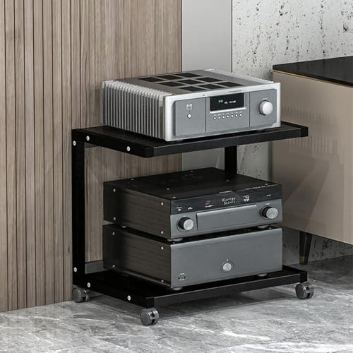 HiFi Regal Stereo-Audio-Medienschrank mit 2/3/4 Ebenen HiFi Rack aus Holz & Stahl, Audio Komponentenschrank Entertainment-Cente, für Kabelbox DVD-Player(Black,45cm/17.7in)