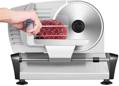 SUNBGRPYE Cortadora De Carne De 200W, Cortadora De Carne EléCtrica DoméStica, Grosor Ajustable De 1 A 15 mm, con Hoja De Acero Inoxidable De 190 mm, para Carne, Queso, Pan, Verduras Silver