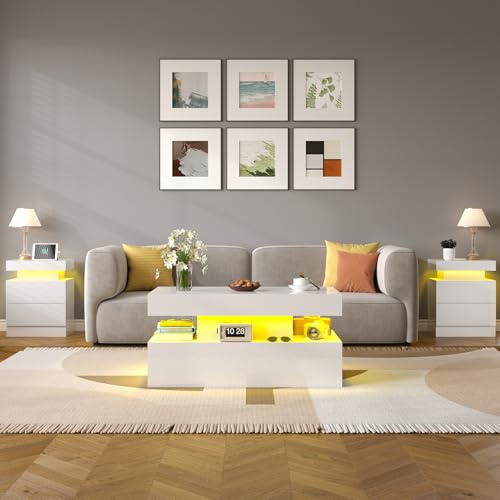 LUXOAK Hochglanz 3 teiliges Wohnzimmer Tisch Set, modernes LED Couchtisch Set aus 3 Teilen, 2 stöckiger Couchtisch mit 2 Beistelltischen, Nachttische mit LED Beleuchtung und Ladestation, Weiß