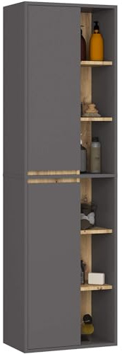 AKORD Mobile a Colonna per Bagno VAMI 50 cm 2 Ante 10 Ripiani - Mobile Alto e Stretto Salvaspazio - Armadio Bagno Resistente all'Umidità - Mobili - 50x170x30 cm - Grigio Grafite & Rovere Artisan