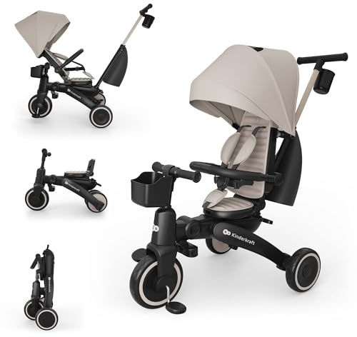 Kinderkraft Jazz 3 Dreirad faltbar ab ca. 9 Monaten bis 25 kg, 360° drehbarer Sitz, Halbliegeposition vorwärts/rückwärts, UPF 50+ Verdeck wasserabweisend, Freilauf & Lenkermodus, Beige