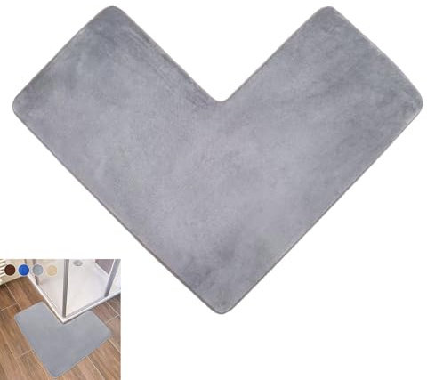 ACESOME L-Shaped Corner Shower Mat, 80x80cm Absorbent Non Slip Bath Mat, Coral Fleece Bathroom Carpet, Supersoft Machine Washable Bath Mat for Corner Showers, Tubs (Grey)