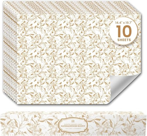 Sandalwood Scented Drawer Liners (10 Large Sheets, 50cm x 36.5cm) - Non Adhesive Drawer Fresheners & Lining Paper for Drawers, Bedroom & Wardrobe Shelves - Drawer Liners Scented for Clothes