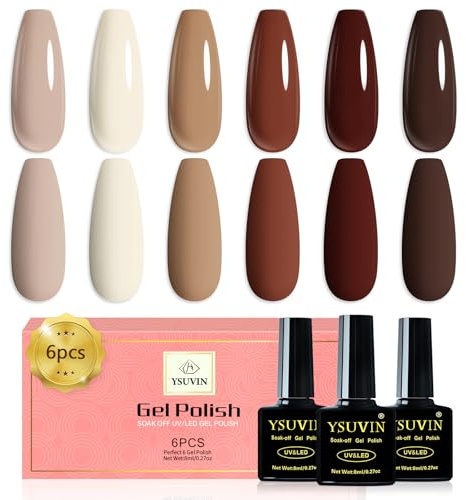 YSUVIN UV Nagellack, 6 Farben Nude Nackt Cremeweiß Teebraun Karamellbraun Braun Kaffeebraun Herbst Winter Gel Nagellack Soak-off UV Gellack für Anfänger DIY Nail Art Maniküre Salon, Langlebig, 8ML